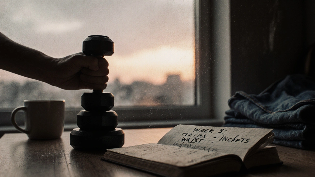 Hand adding weight to dumbbell stack, notebook showing progress, loose jeans folded nearby at twilight.