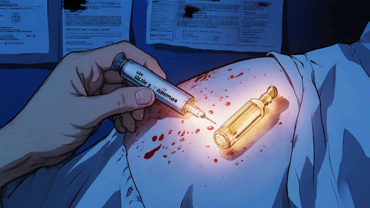 Hand using faulty generic auto-injector with blood on skin, branded EpiPen glowing nearby.