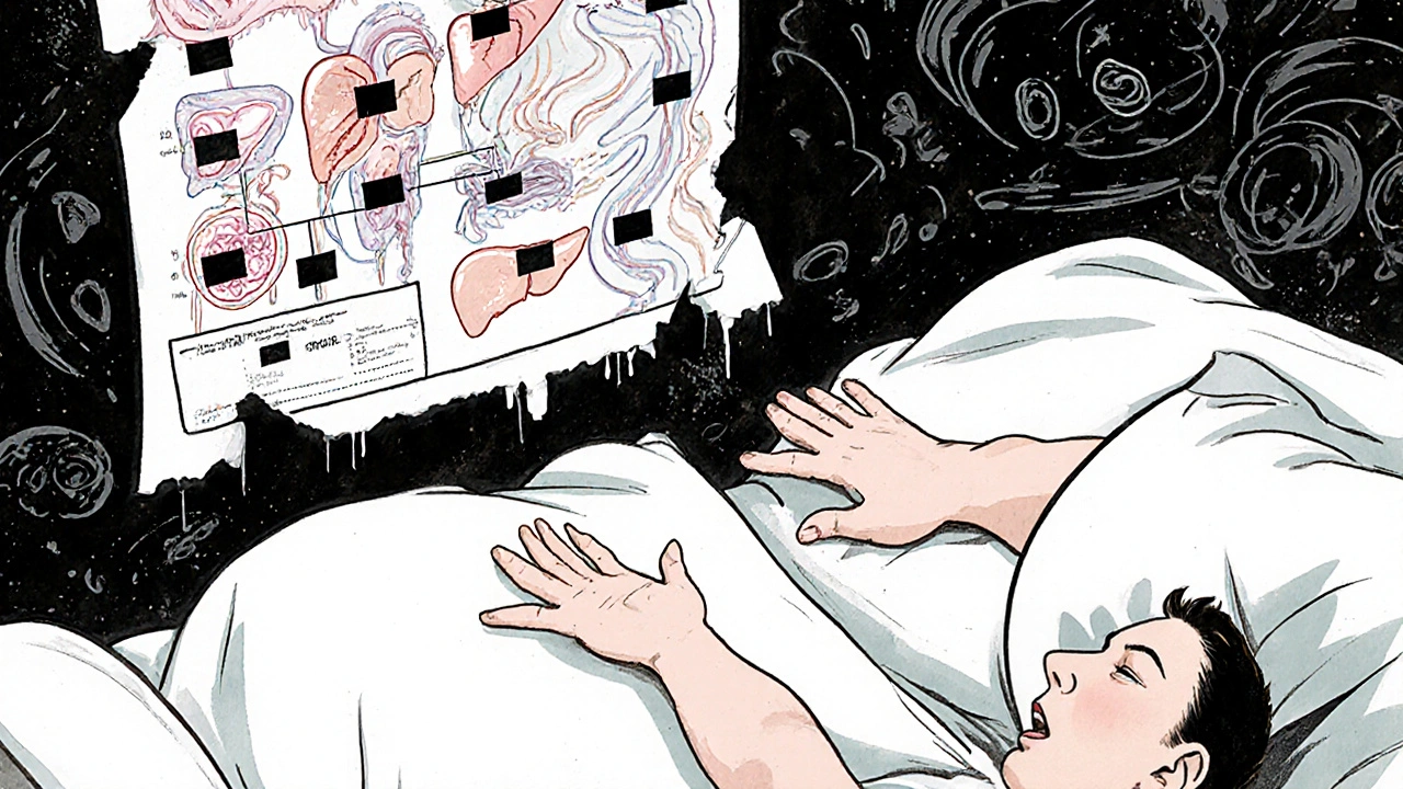 Medical chart with bleeding organ symbols and black boxes, doctor and patient reaching across chaos.