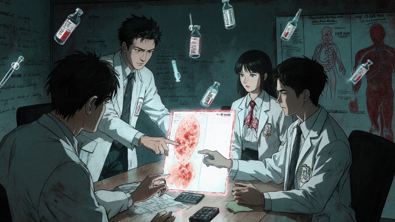 Medical team reviewing a patient scan with floating irAE grade labels and treatment tools in a dim conference room.