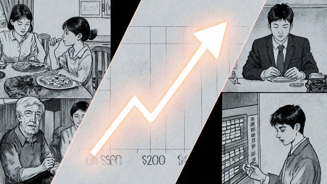 Multiple patients take generic medications, their relief mirrored in a falling cost graph.