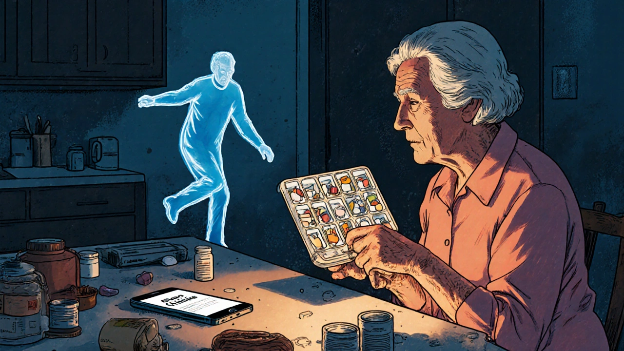 Older woman at kitchen table surrounded by pills, ghostly fall figure behind her, smartphone showing Beers app.