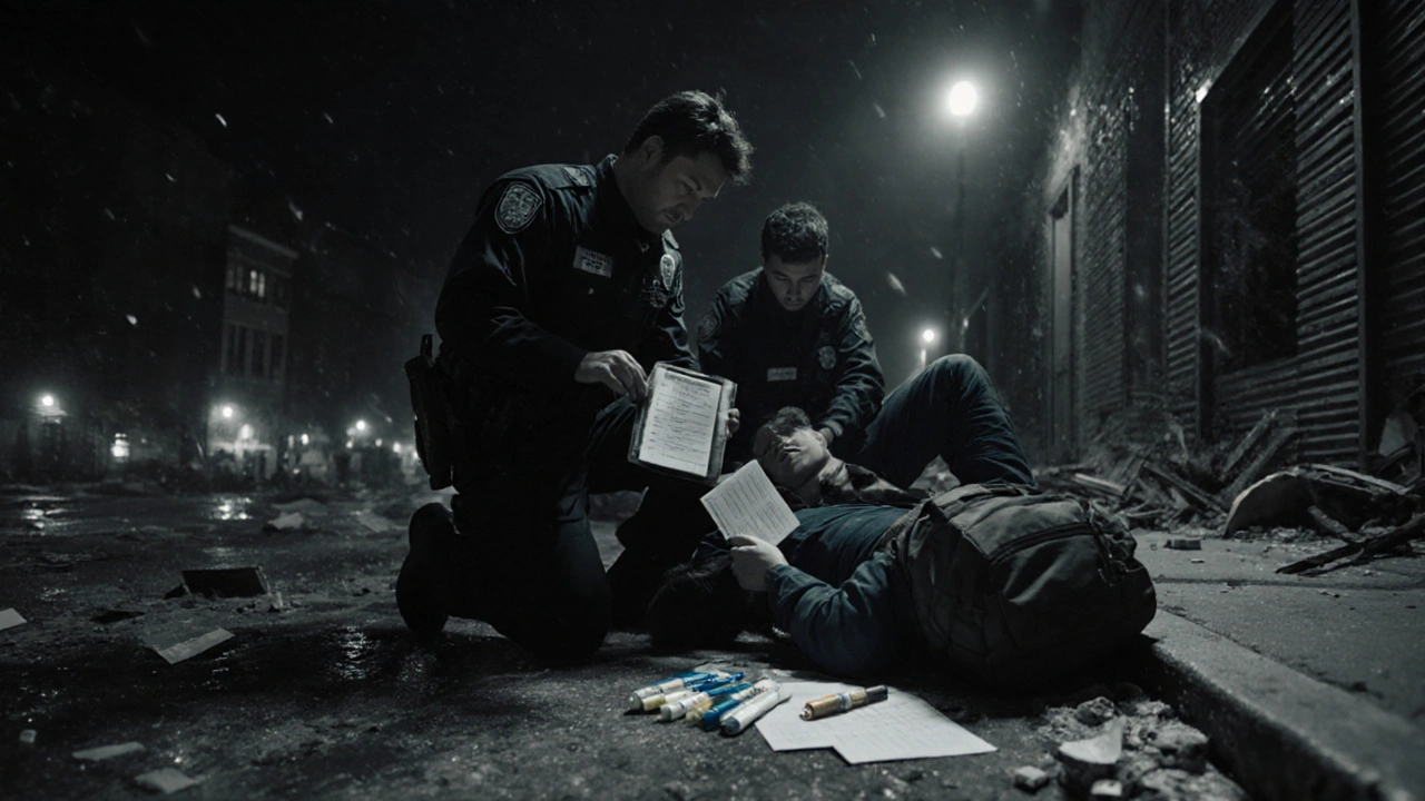 Paramedic reviewing medication list from waterproof pouch during post-hurricane emergency.