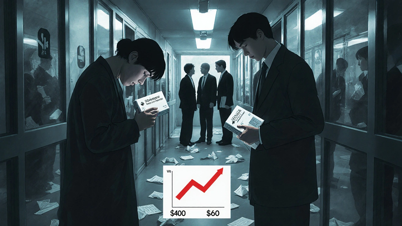 Patients in a hospital hallway holding expensive and cheap prescriptions, executives watching in shadows.