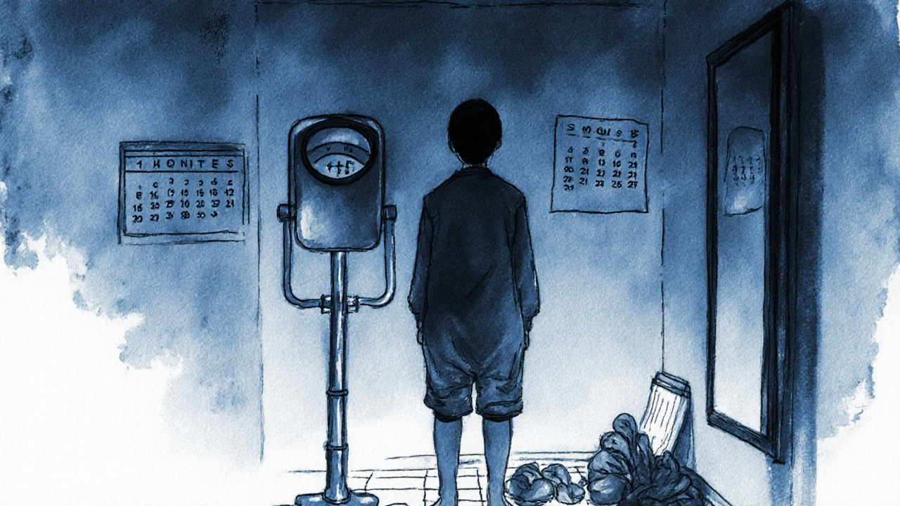 Person weighing themselves at dawn, swollen ankles reflected in mirror, compression stockings nearby.