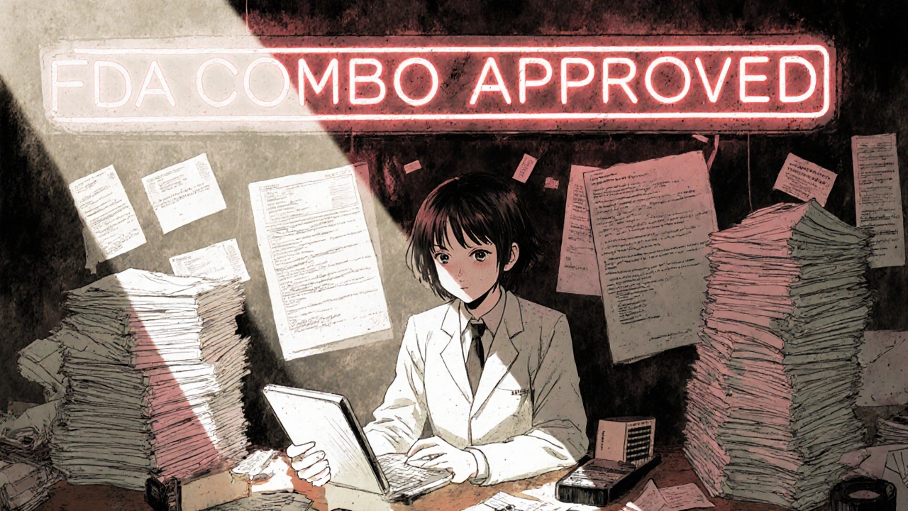 Pharmacist surrounded by rejection letters, one approved combo package glowing on desk.