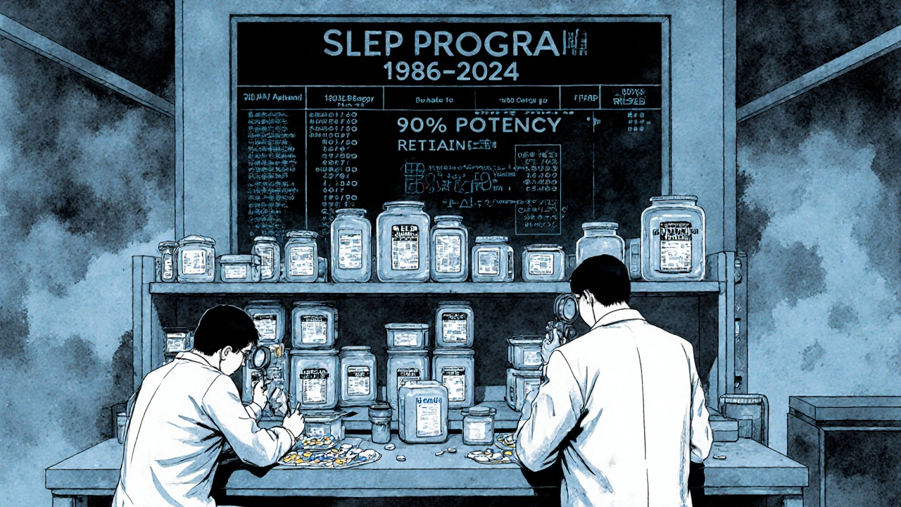Scientists examining old pharmaceutical tablets in a lab with data showing high potency.