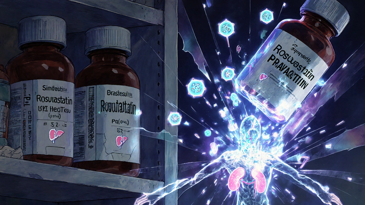 Shattered statin bottles releasing molecular streams that interact with a human silhouette, surrounded by organ and genetic icons.