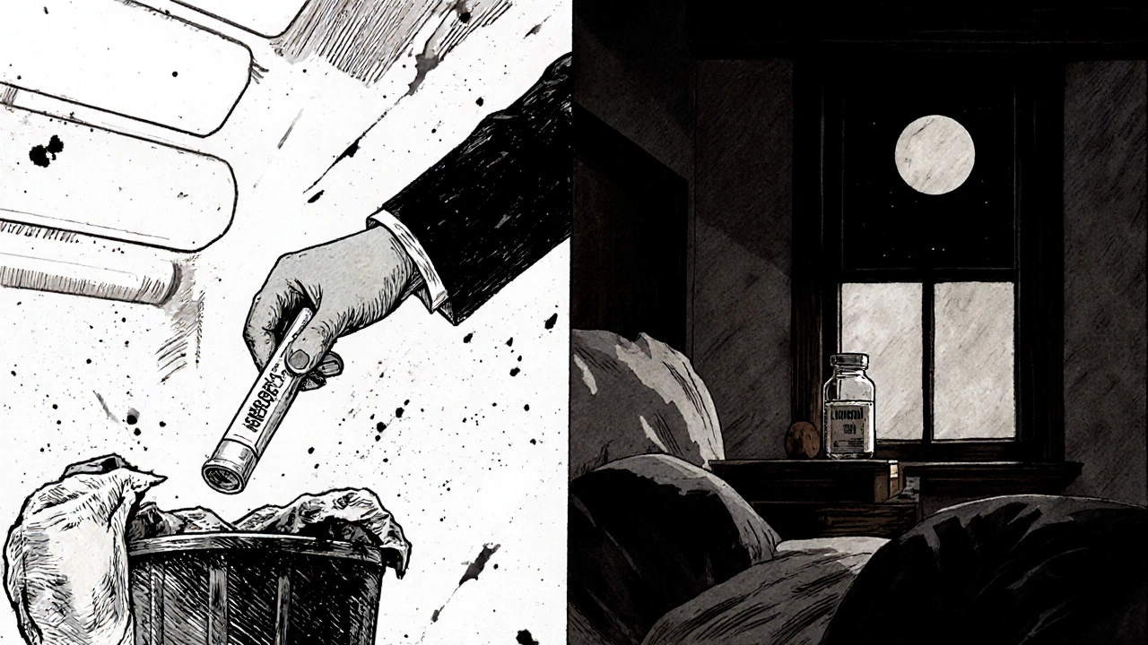 Split scene: an EpiPen being thrown away versus a blood pressure pill being stored safely.