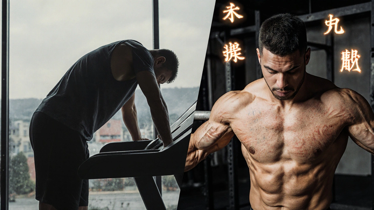 Split scene: exhausted runner vs. powerful lifter with glowing metabolic stats floating in air.