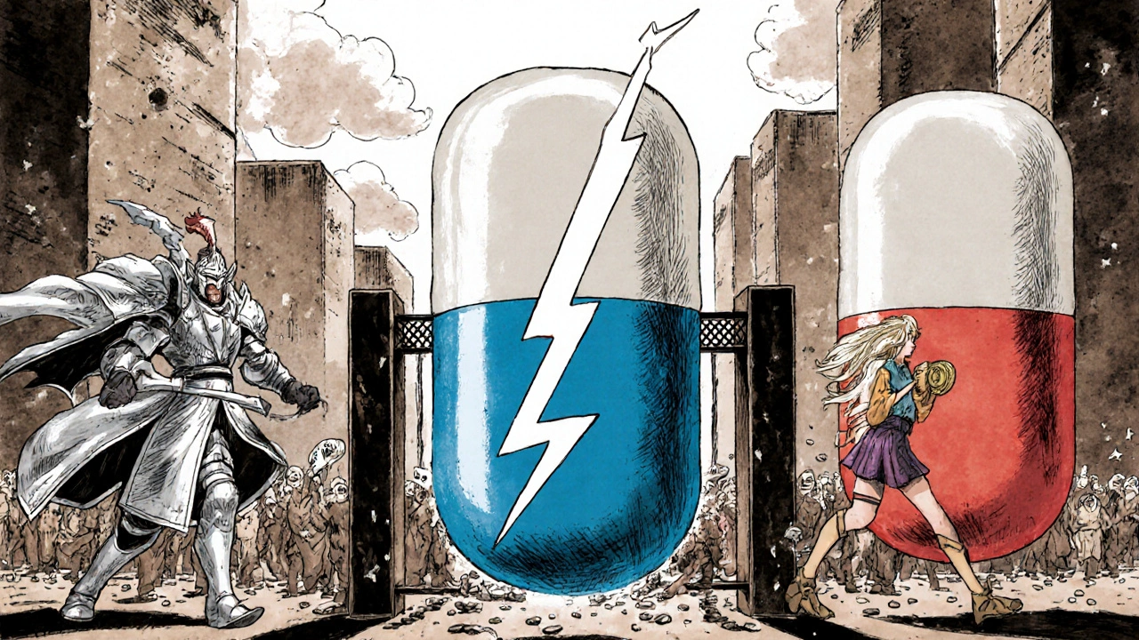 Three antihistamine pills as warriors fighting allergy symptoms in a stylized nasal battlefield.