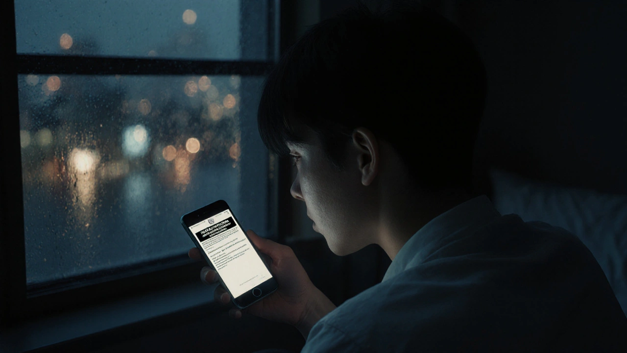 Young person staring at phone showing black box warning, tears on face in rainy bedroom.