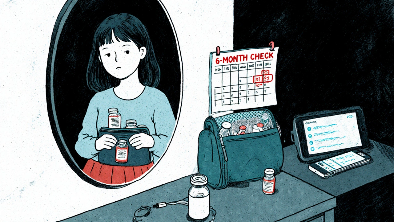 Young woman checking expiration dates on medications in her go-bag at night.