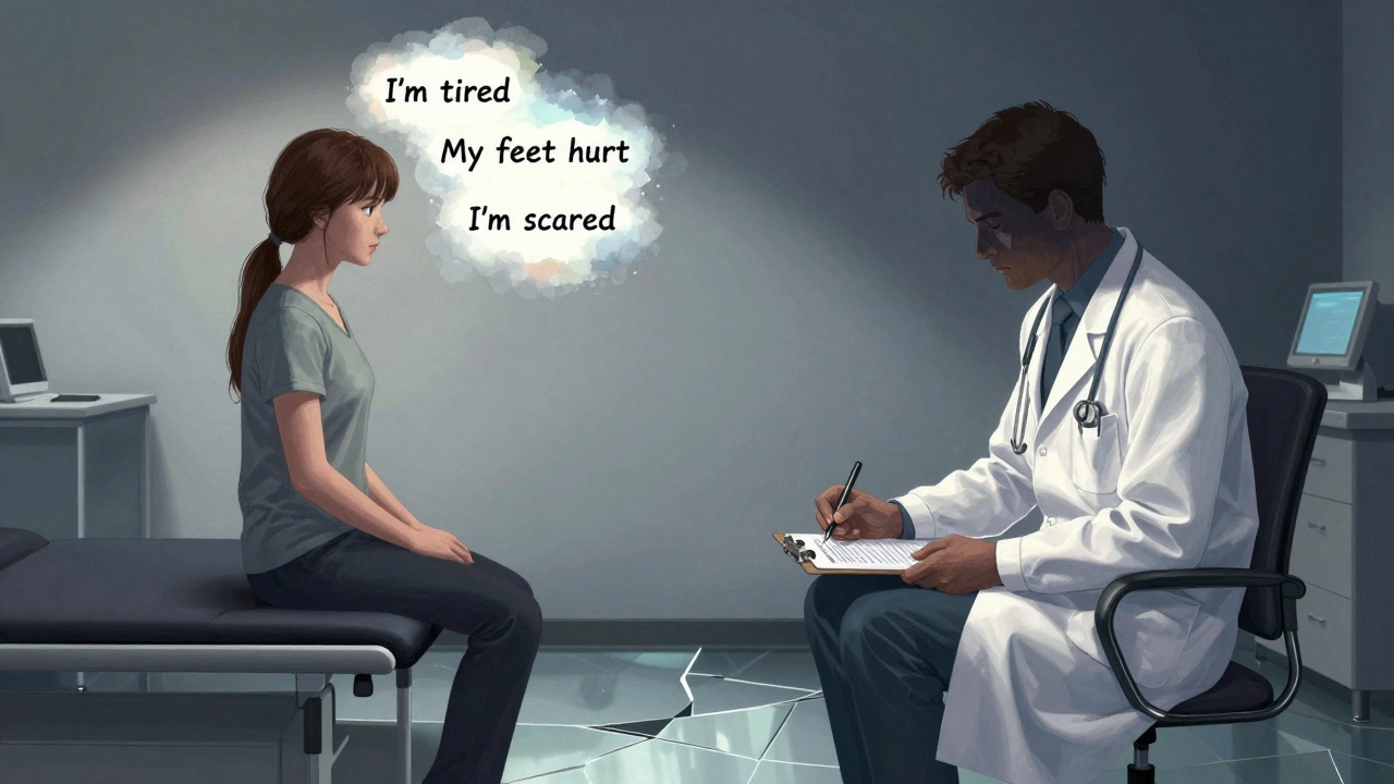 A doctor and patient face each other as clinical terms clash with spoken symptoms floating above the patient.