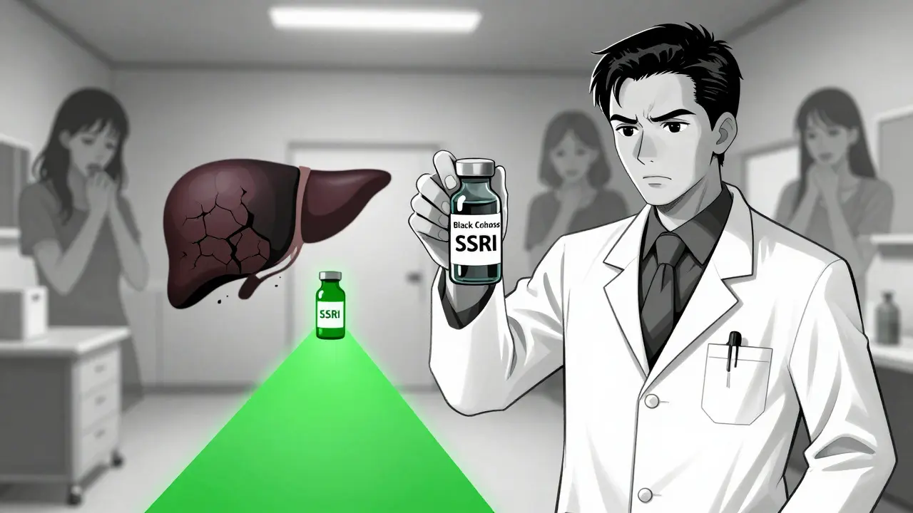 A doctor holding two vials—one leading to a healthy liver, the other to a damaged one, in stark monochrome.