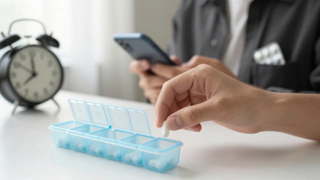 A hand places a pill into a compartment organizer with morning light, blurred scenes show prevention habits.