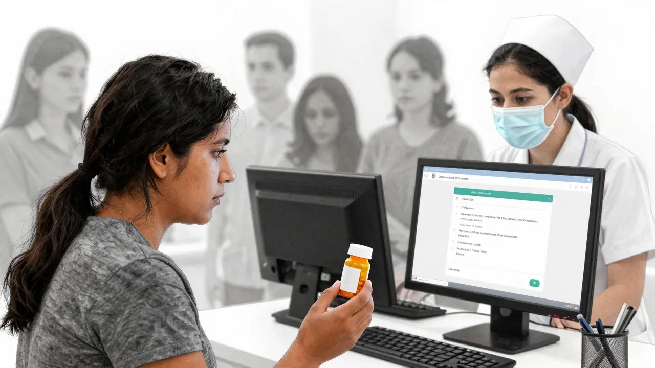 A Hispanic patient holds a mislabeled pill bottle in a clinic, a frozen translation app on the nurse's screen, ghostly figures fading in the background.