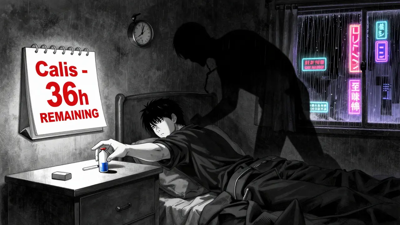 A man reaching for nitroglycerin spray at night, with a calendar showing 'Cialis - 36h REMAINING' in red.