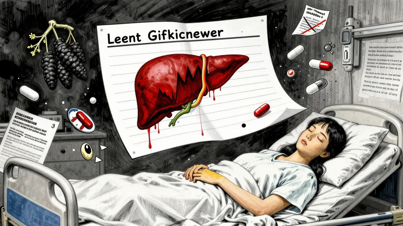 A medical chart with rising liver enzymes and swirling pills above a sleeping woman with jaundiced skin.