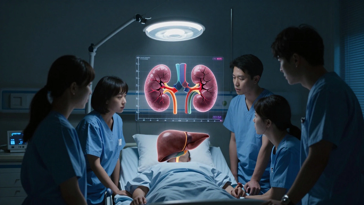 A medical team gathers at a bedside, surrounded by floating organ and test data under dim light.