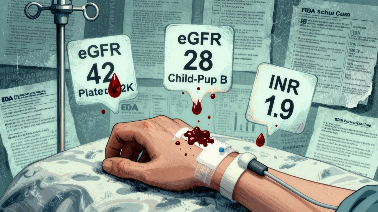 A patient&#039;s arm with medical data dissolving into blood and clots, rendered in high-contrast Gekiga art.