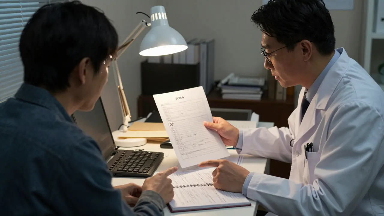 A patient and doctor reviewing a depression scale and journal during a clinical consultation.