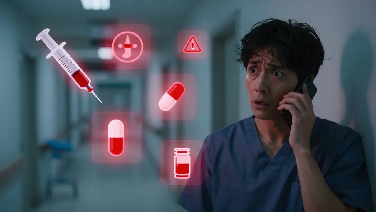 A patient on a hospital hallway holds a phone, surrounded by glowing red icons of dangerous medications.