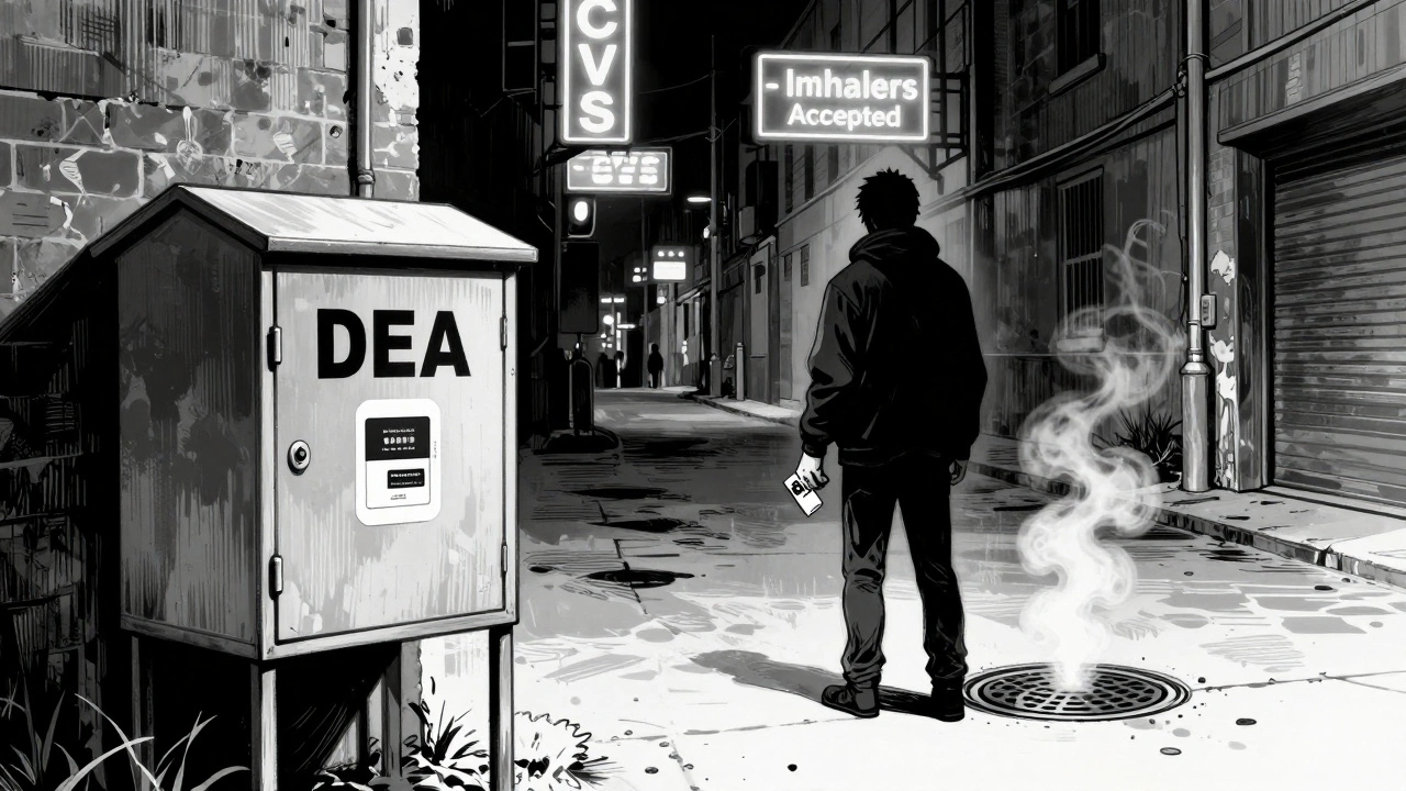 A person dropping an inhaler into a DEA take-back box under flickering city lights.