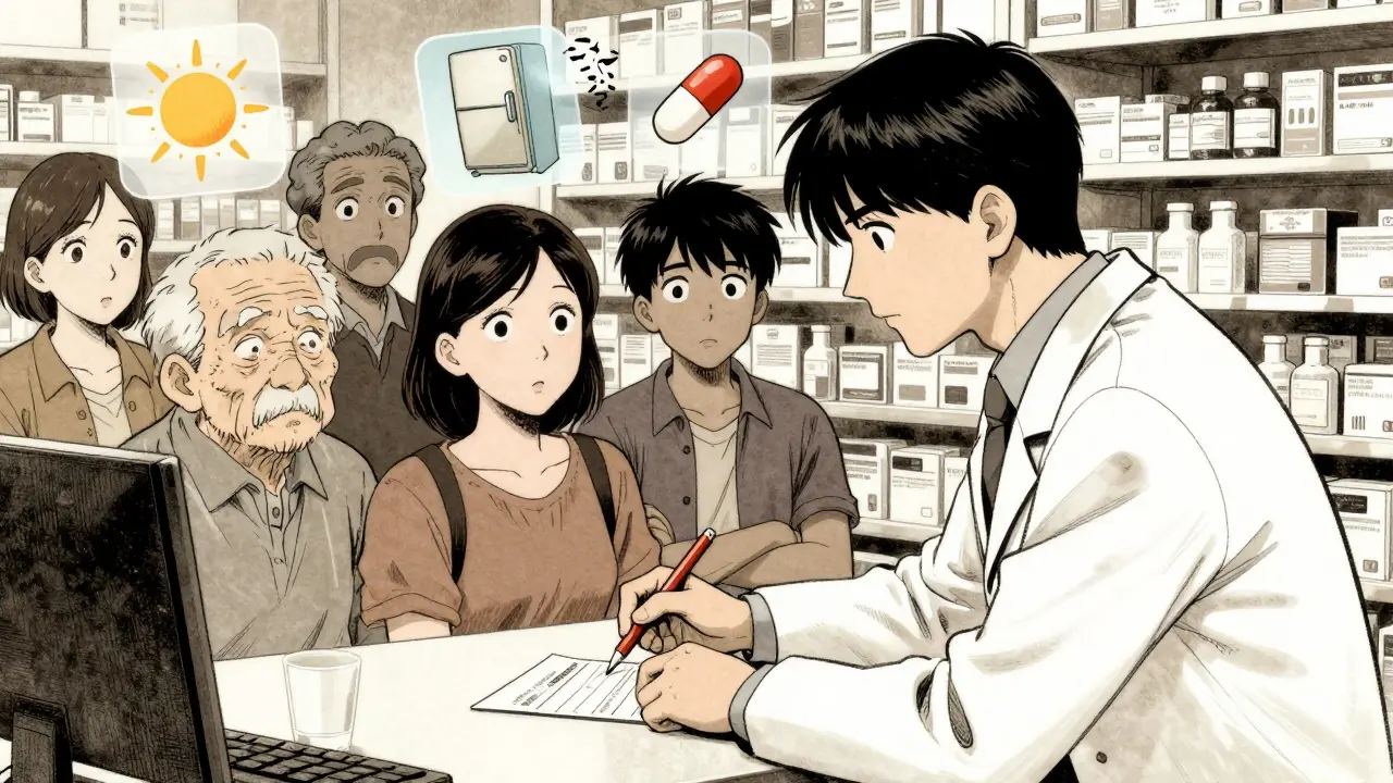 A pharmacist explaining prescription labels to anxious patients, with floating warning icons in a dim pharmacy setting.