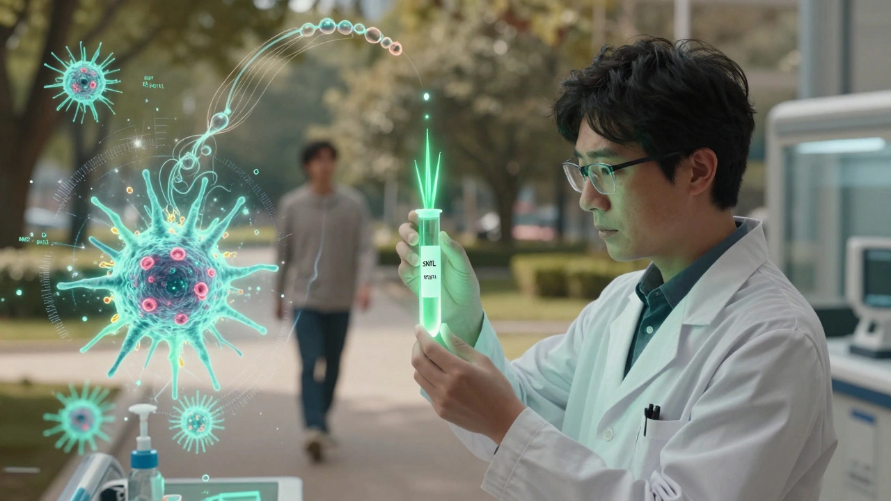 A scientist analyzing a biomarker sample while myelin repairs in the background, in anime Gekiga style.