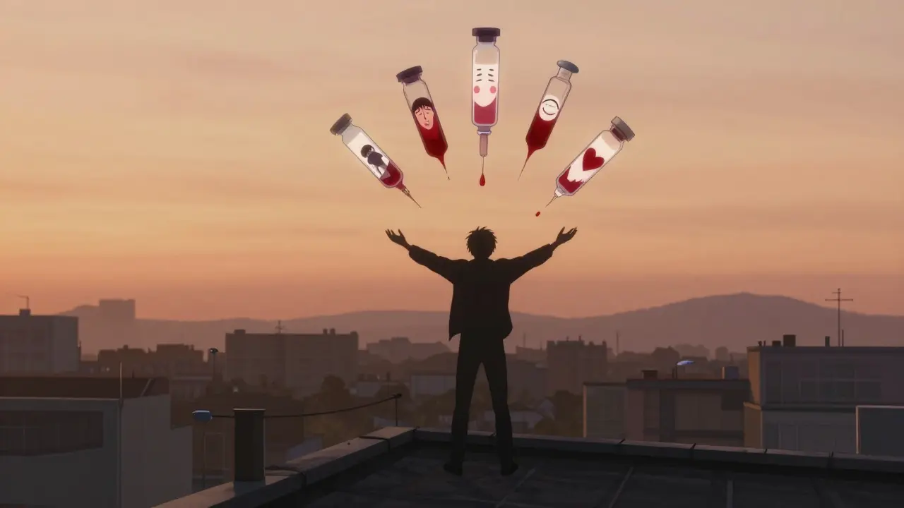 A silhouette on a rooftop as shattered blood test vials glow with emotional symbols against a dawn sky.