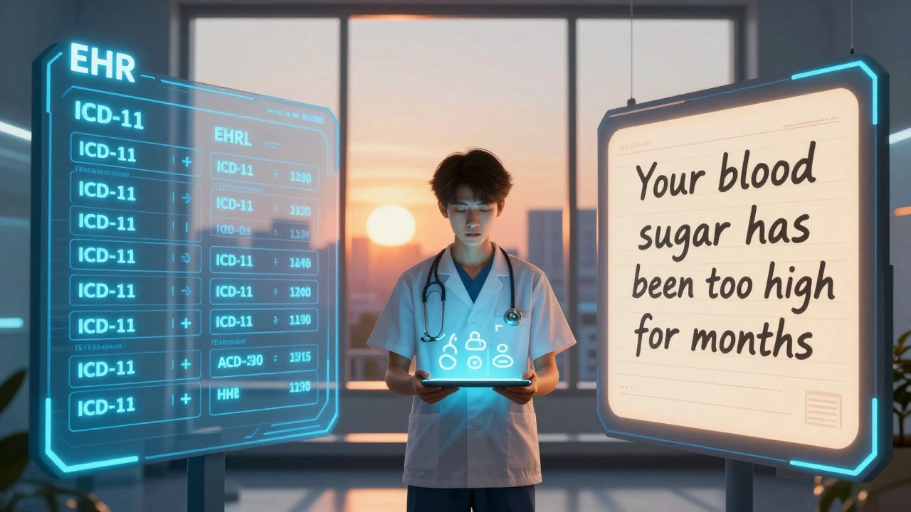 A split-screen EHR shows provider codes on one side and plain language on the other, with a bridge figure in between.