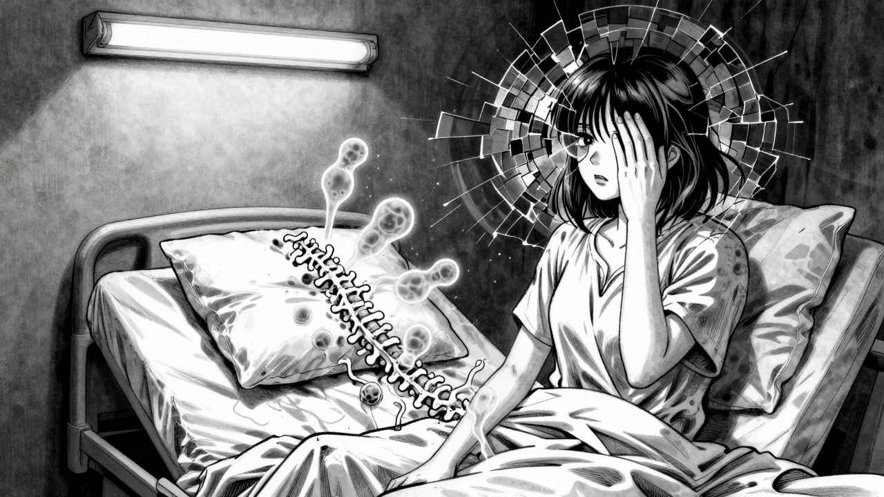 A woman experiencing MS symptoms with fragmented vision and shadowy immune cells crawling on her spine.