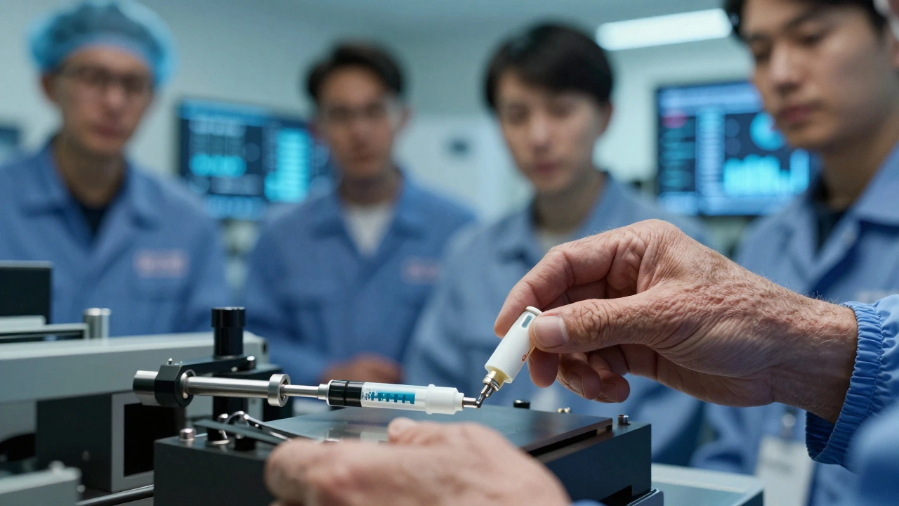 A worker places a precision medical connector on a sensor platform, while trained former assembly staff stand nearby, lit by the blue glow of integrated quality systems.