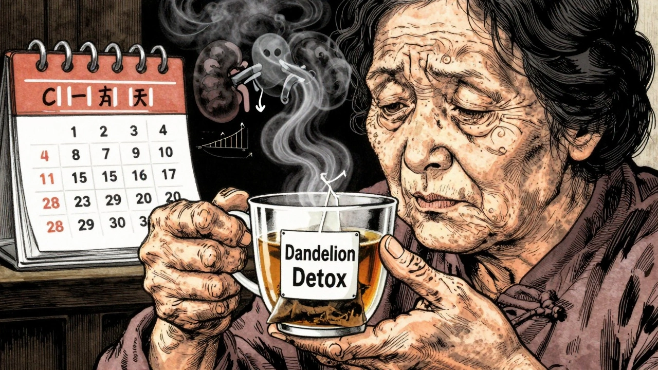 An elderly woman holding herbal tea that transforms into ghostly kidneys and rising lithium graphs.