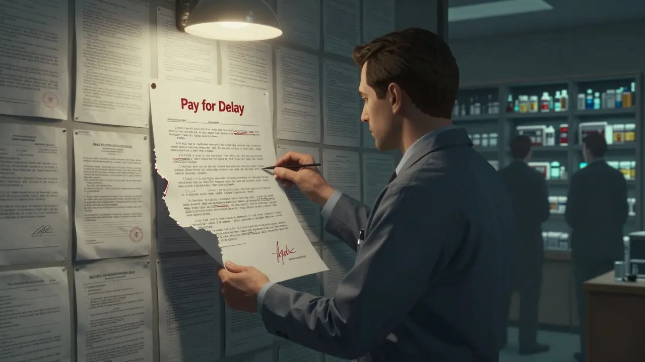 An FDA inspector confronting a hidden 'Pay for Delay' contract amid shelves of generic drugs under a single dim light.