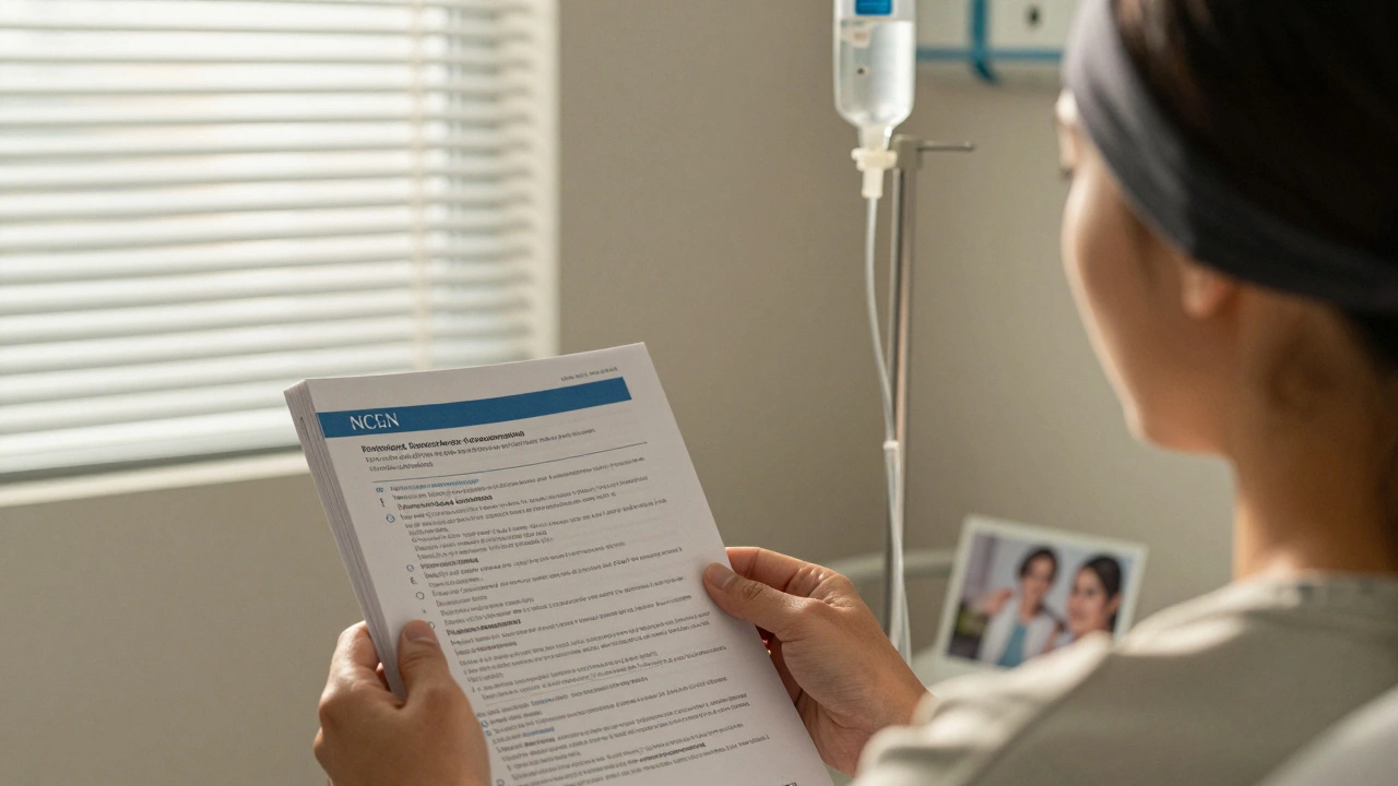 Cancer patient receiving generic chemo IV with NCCN guidelines and family photo in background