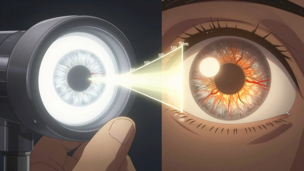 Close-up of FL-41 lens filtering harmful green-blue light waves, with neural glow highlighting eye inflammation.