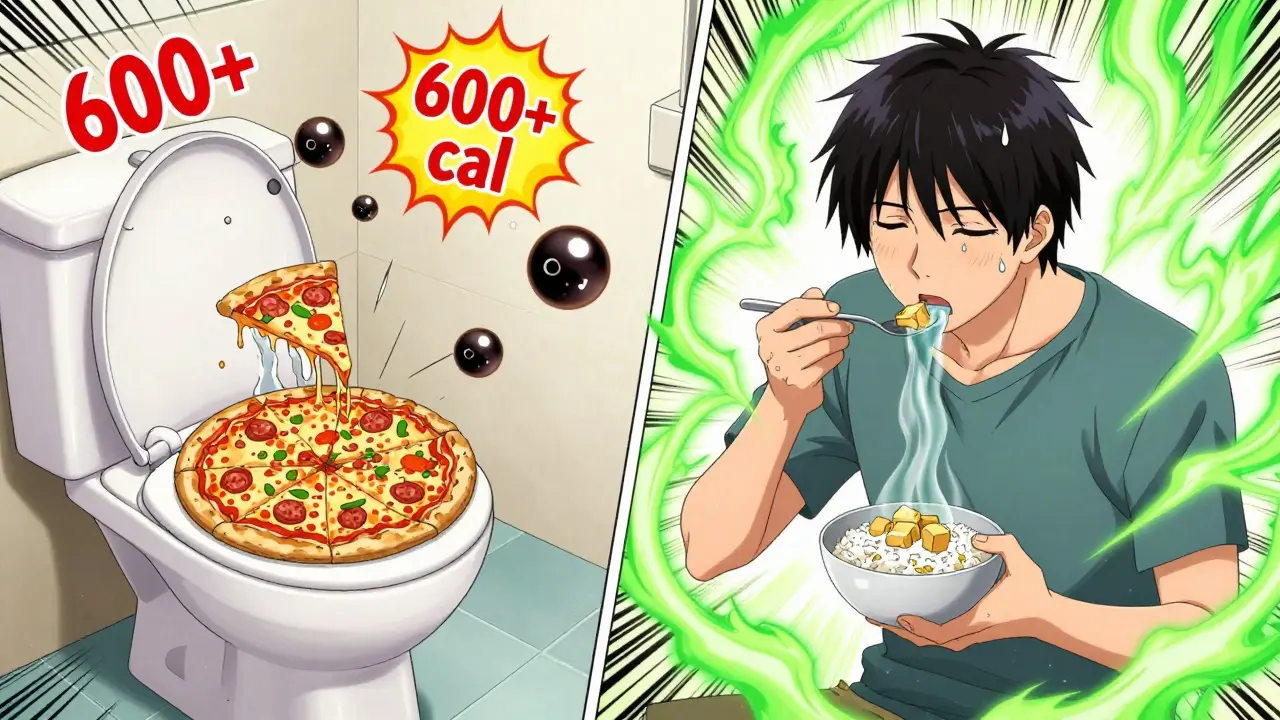 Contrasting scenes of vomiting after a large meal versus calm eating of a small meal.