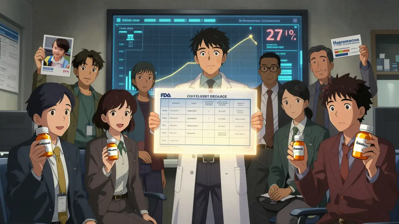 Diverse employees hold generic medication bottles as a pharmacist displays an FDA-approved equivalence chart in a breakroom.