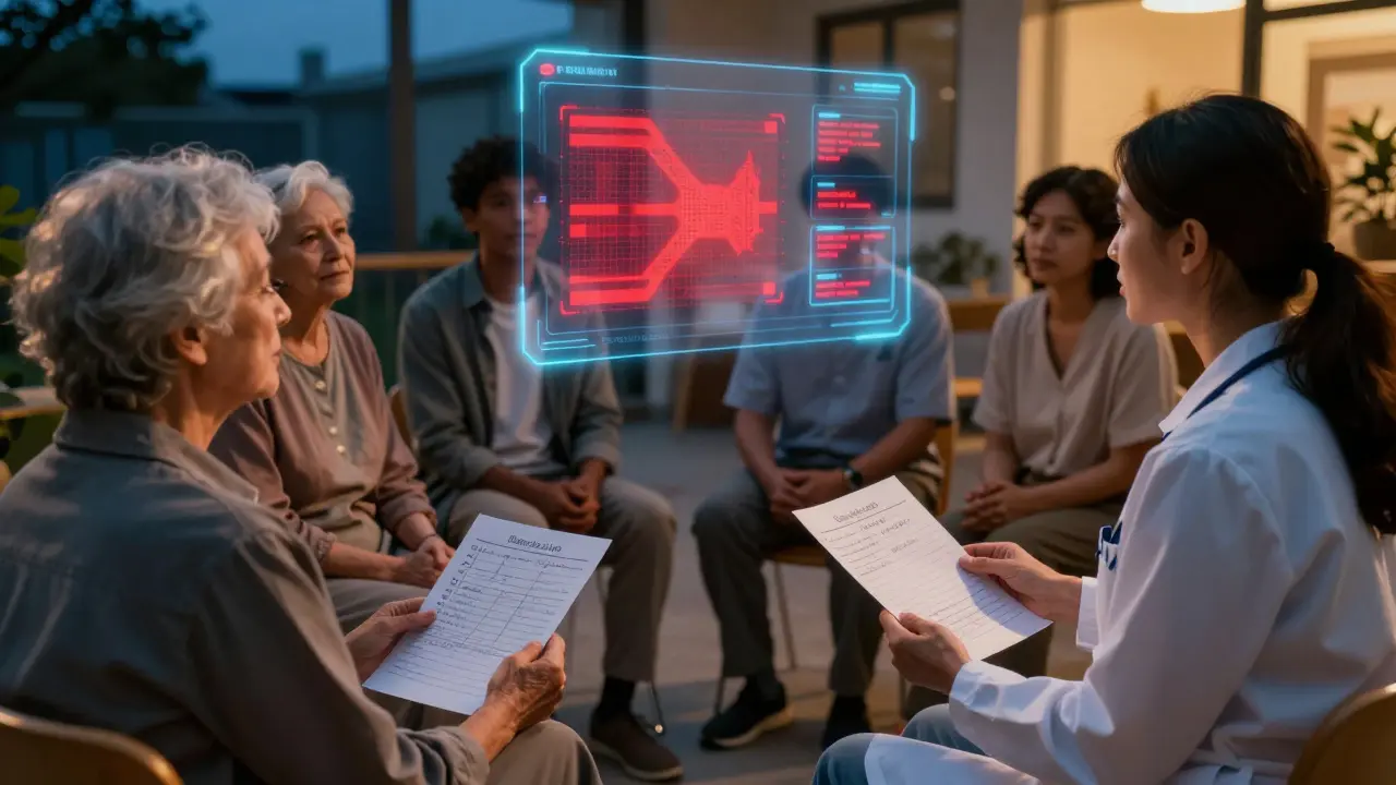 Diverse patients gather in a community center with a navigator, holding medication logs as a glowing AI reveals hidden bias patterns above them.