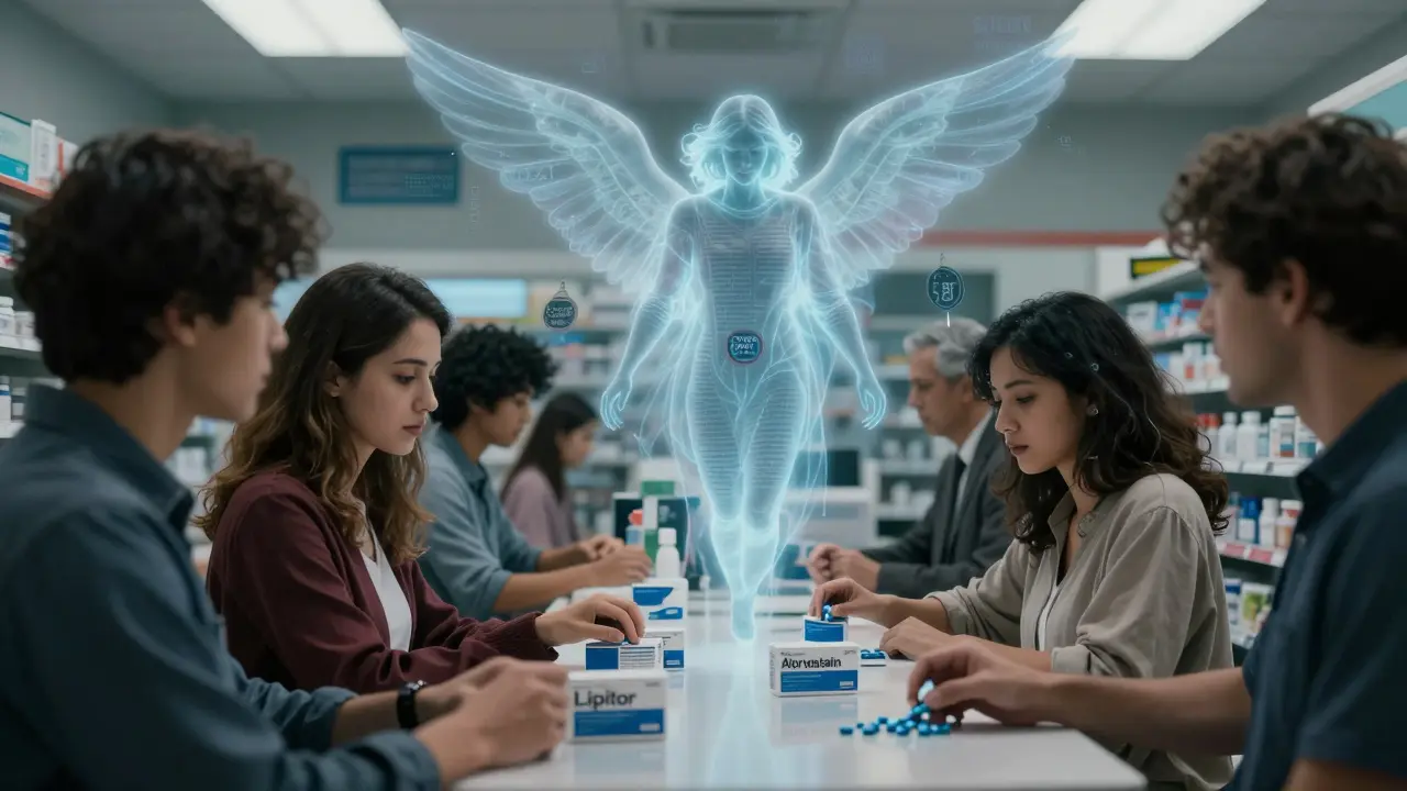 Diverse patients picking up generic pills at pharmacy, FD&amp;C Act statute floating above