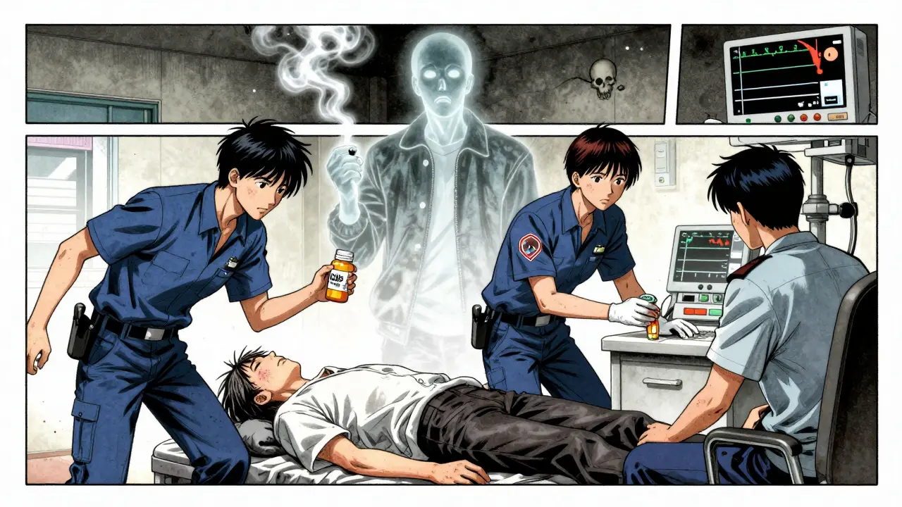 Emergency responders rushing a collapsed patient in a hospital ER, with a ghostly figure holding poppers behind them.