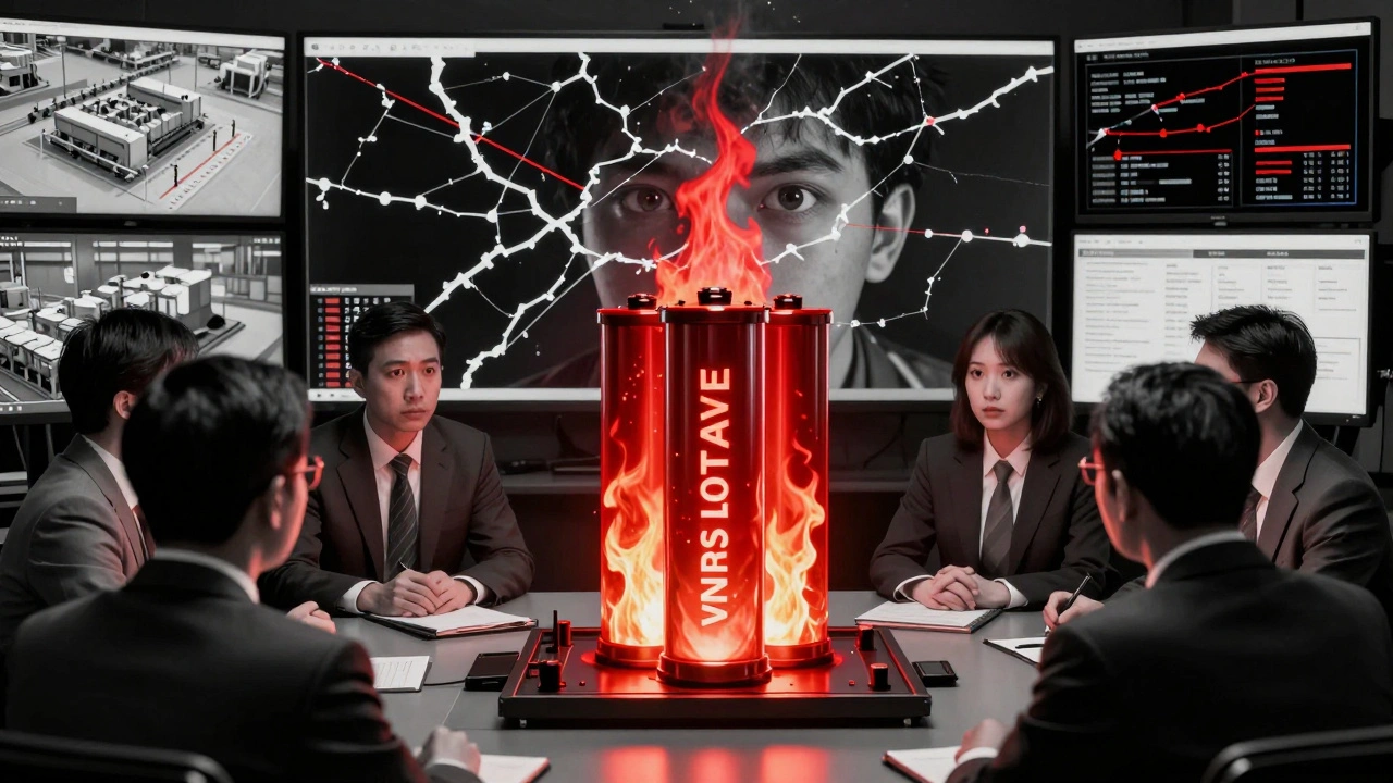 Executives stare in horror at a burning EV battery on screen, surrounded by fractured supply chain connections in monochrome with crimson alerts.