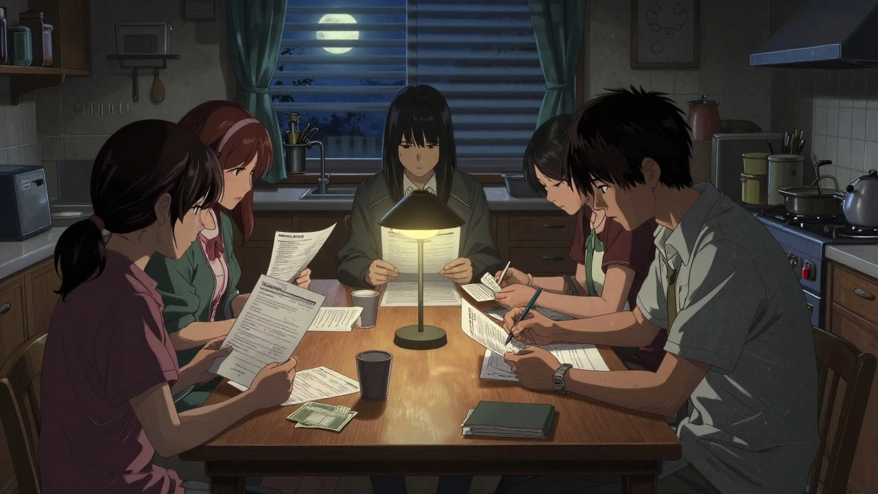 Family applying for patient assistance program under dim lamp with documents spread out