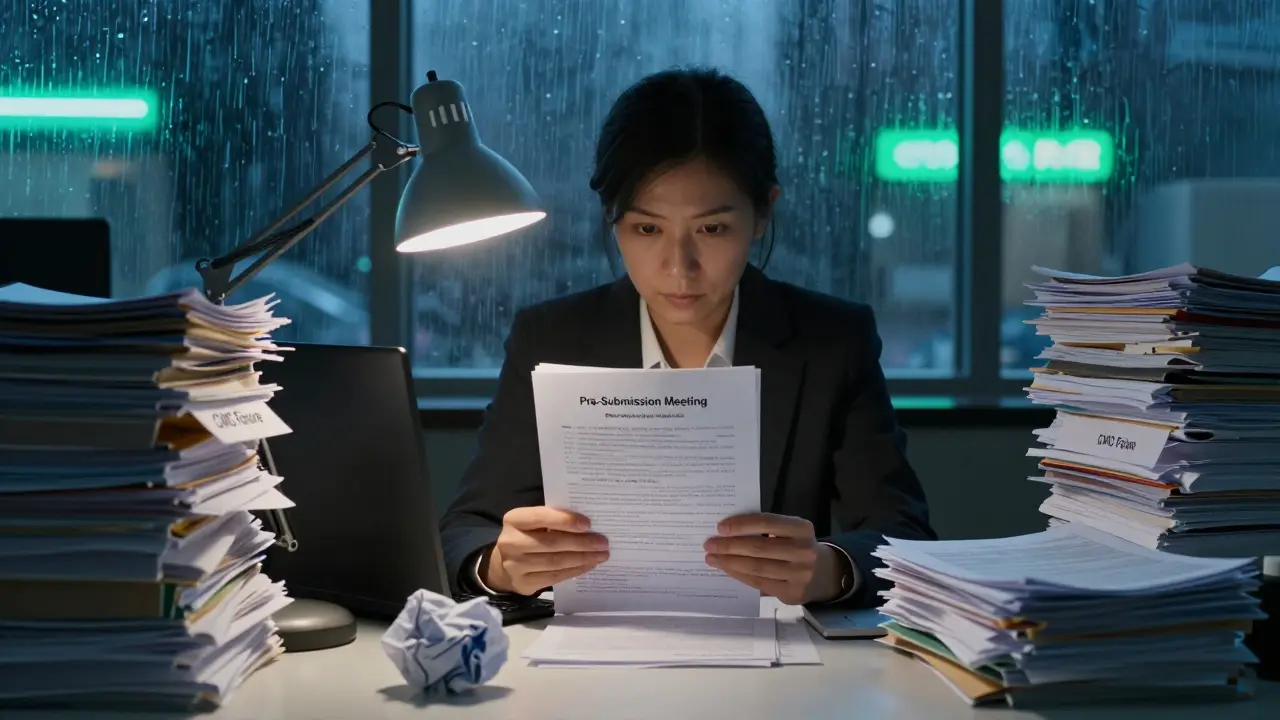 FDA reviewer surrounded by rejected applications, one approved file glowing softly under lamplight.