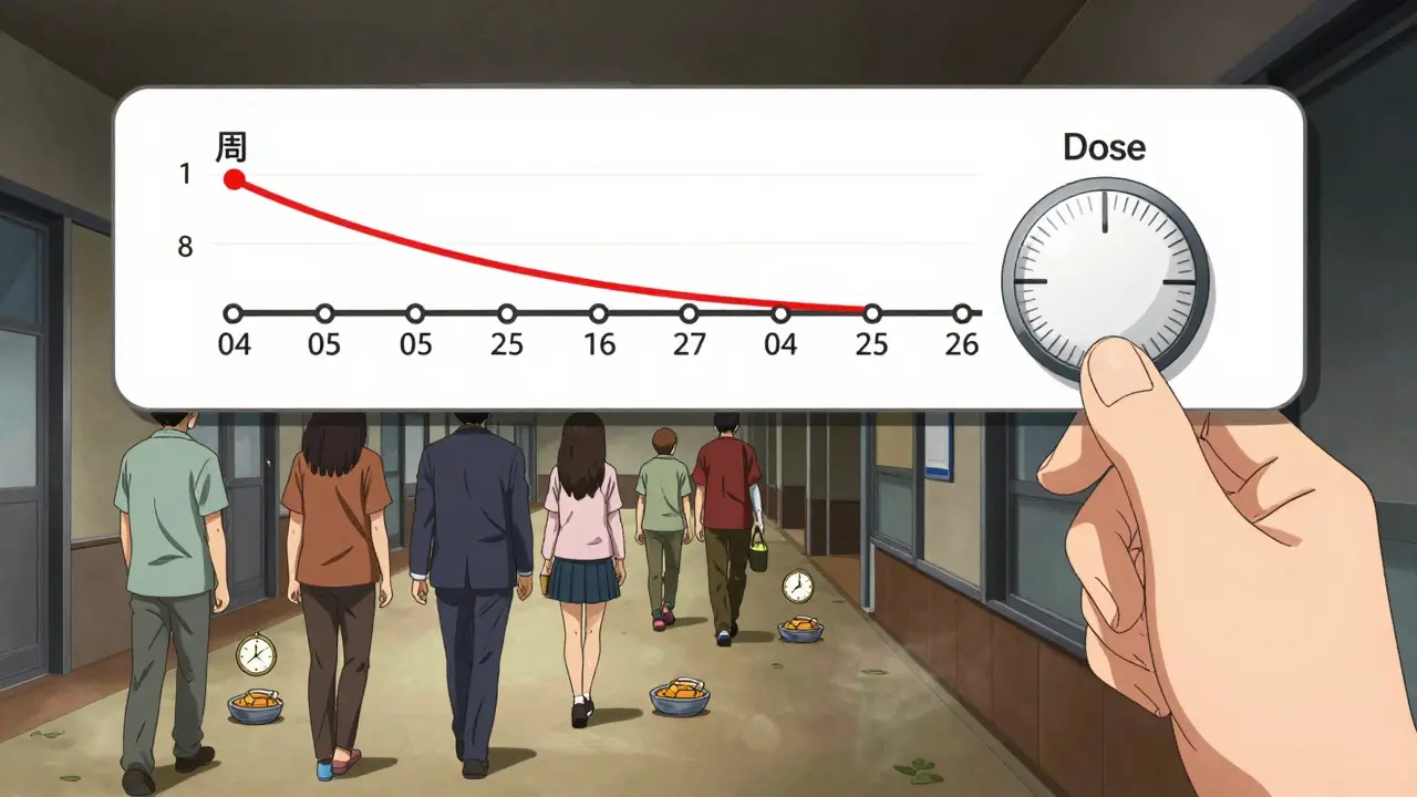 Floating medical timeline showing reduced nausea over weeks with patients progressing slowly.