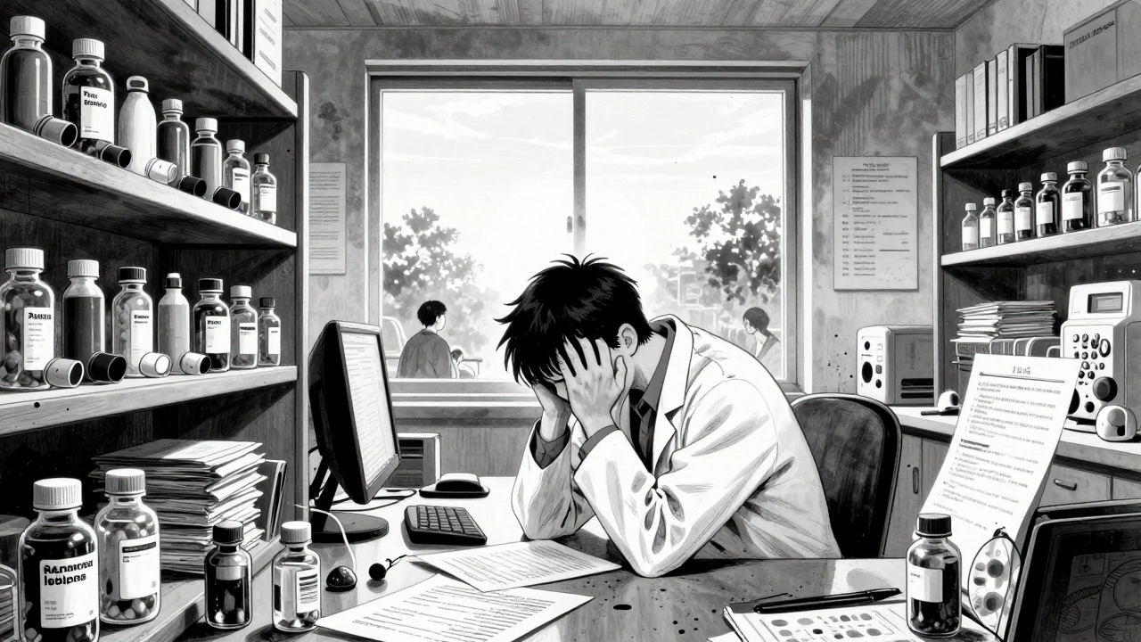 Generic drug developer surrounded by failed prototypes in a cluttered office at dawn.