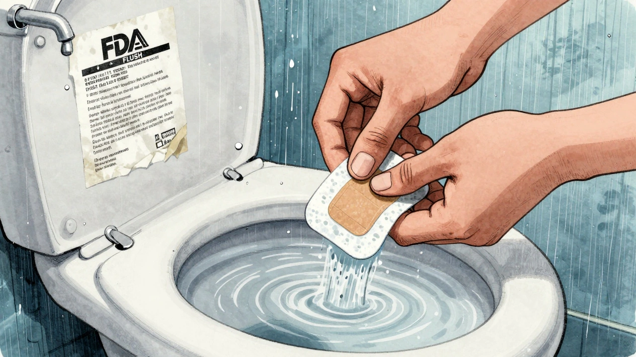 Hands folding a medicated patch before flushing it, with an FDA flush list on the wall.