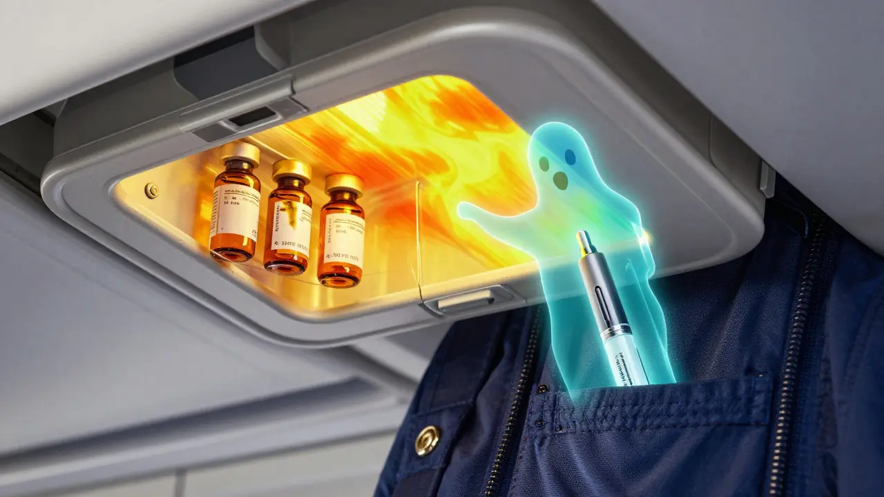 Insulin vials overheating in overhead bin, contrasted with safe pen in pocket.